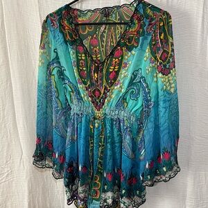 Blue Asymmetrical Flutter Sleeve Tunic